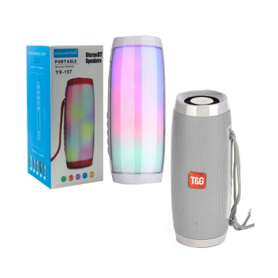 T&G WIRELESS BLUETOOTH SPEAKER TG-157 FM/MICROSD/USB/AUX WITH RGB COLORFUL LIGHT SILVER